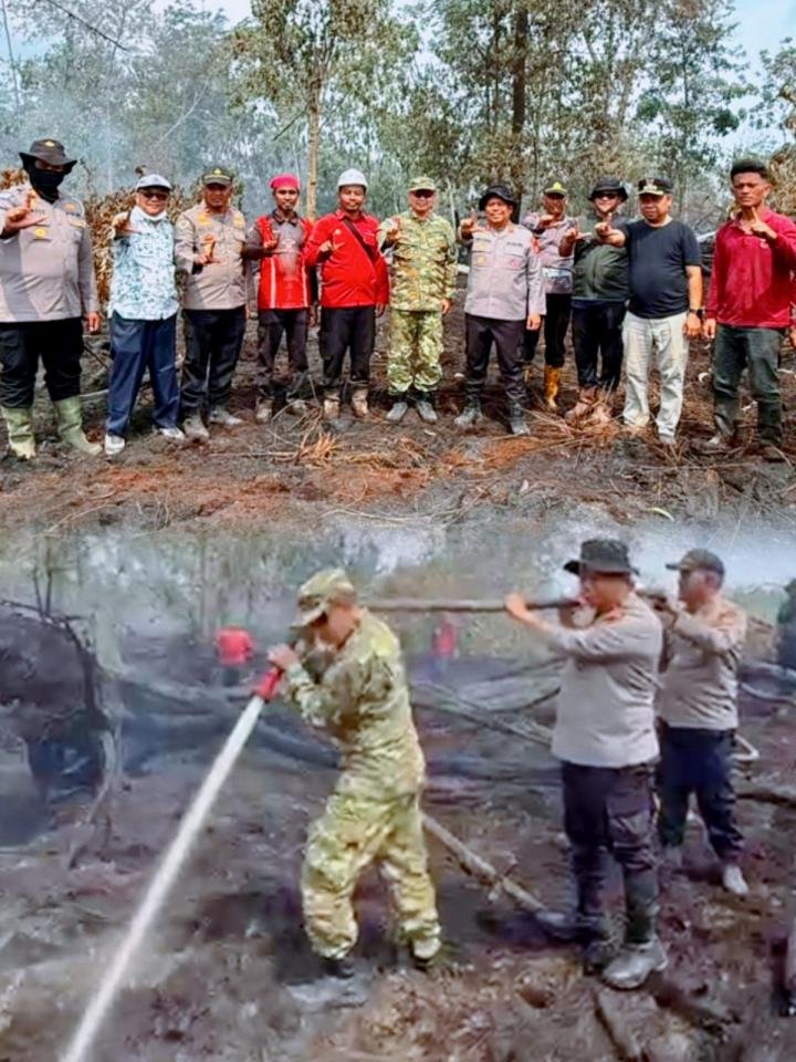 Kapolres Bersama Wabup Pelalawan Terjun Langsung Padamkan Karhutla di Teluk Meranti