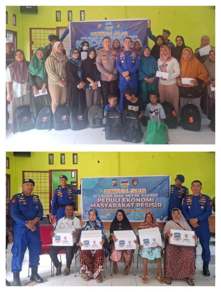 Satpolairud Bagikan Sembako dan Perlengkapan Sekolah ke Warga Pesisir di Langgam
