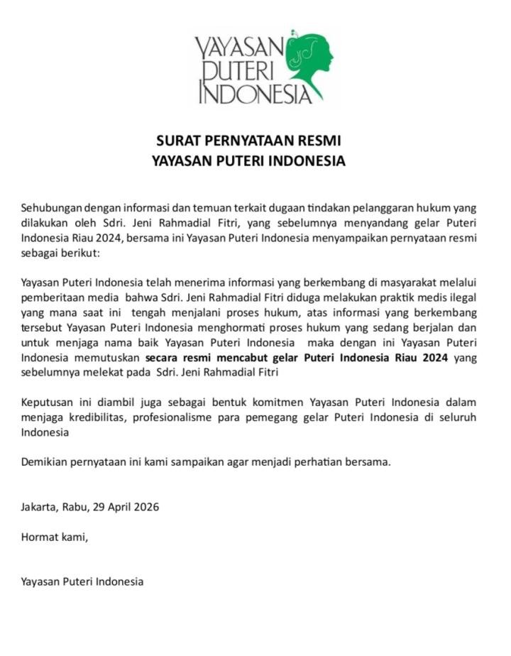 Yayasan Puteri Indonesia Cabut Gelar Finalis Riau 2024, Dugaan Praktik Medis Ilegal