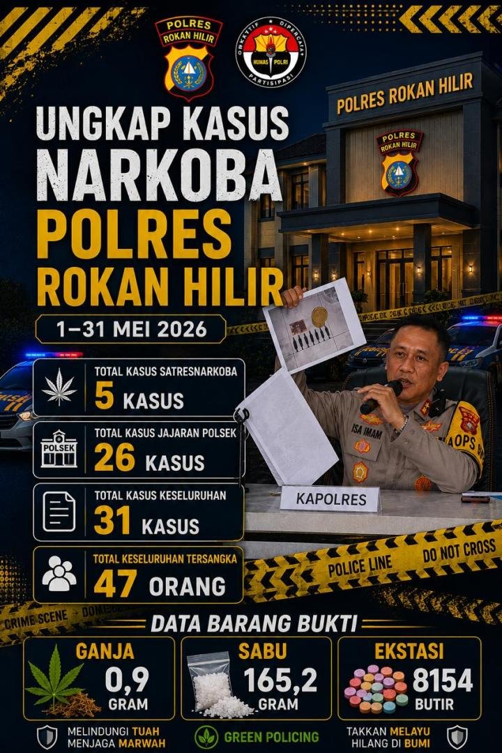 Sibak 31 Kasus Narkoba Selama Mei 2026, Kapolres Rohil: Tidak Memberi Ruang Bagi Pelaku