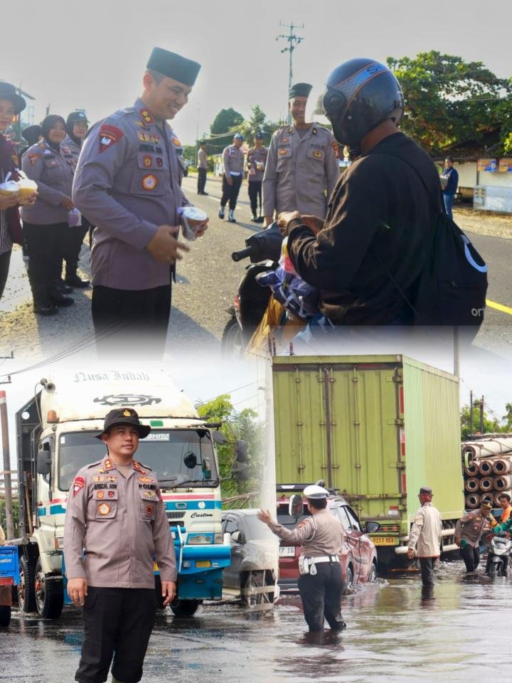 Kondisi Berpuasa, Kapolres Pelalawan Tetap Semangat Turun Atur Lalin di Lokasi Banjir KM 83