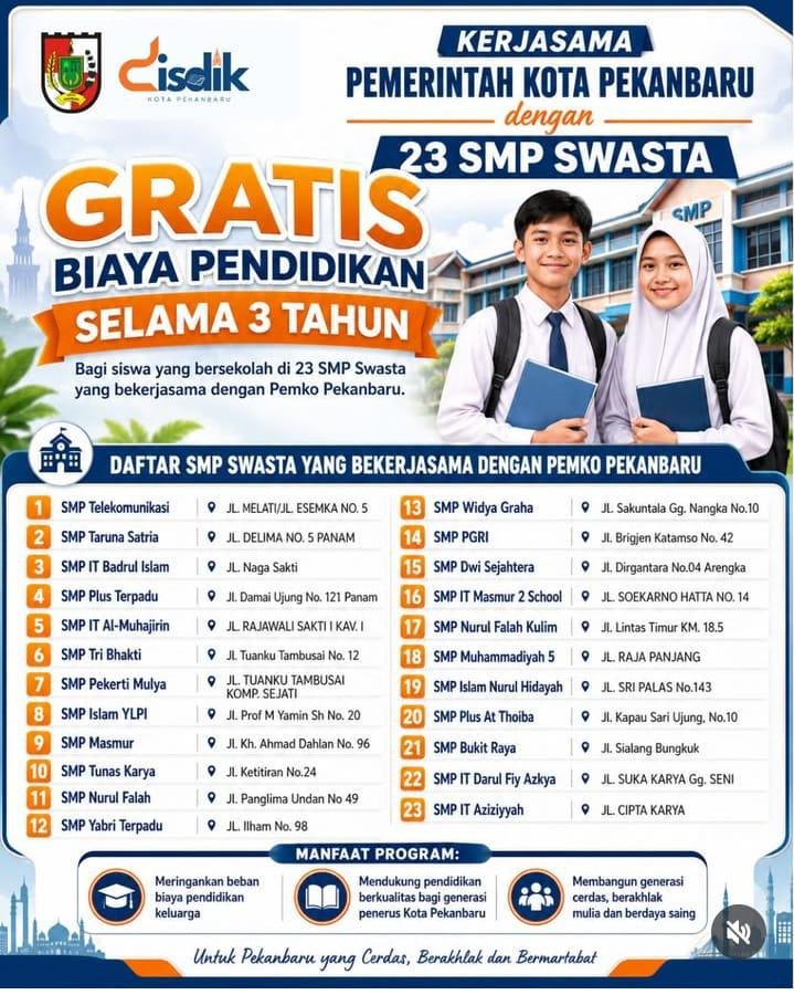 Pemko Pekanbaru Gratiskan Akses Pendidikan di 23 Sekolah Swasta, ini Daftarnya!