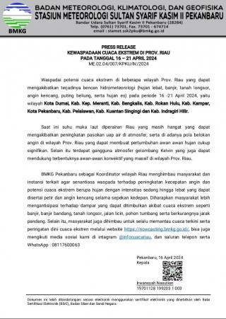 Riau Diprediksi Alami Cuaca Ekstrem hingga 21 April, Diperkirakan Terjadi di 8 Kabupaten Kota 