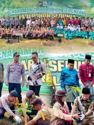 Hari Pohon Sedunia, Kapolres Bersama Wabup dan Pelajar Hijaukan Pelalawan