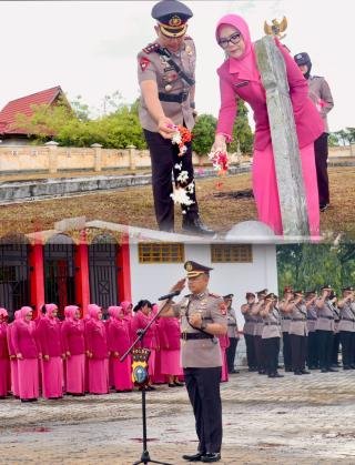 Kapolres Pelalawan Didampingi Istri Tabur Bunga di TMP Setia Negara Peringati Hari Bhayangkara ke-79