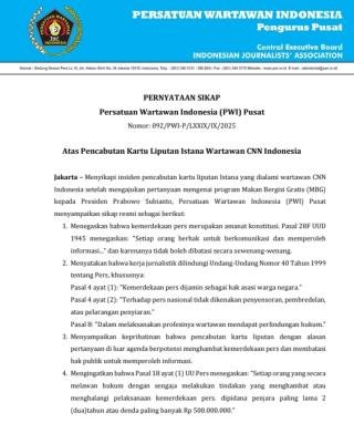 PWI Pusat Prihatin Pencabutan Kartu Liputan Istana Wartawan CNN Indonesia